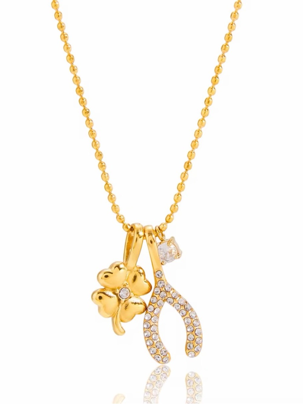 18K Gold Plated  Clover & Crystal Wishbone Pendant Necklace